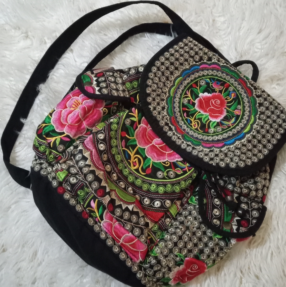 Black and Pink Floral Backpack with Embroidery and Geometric Patterns